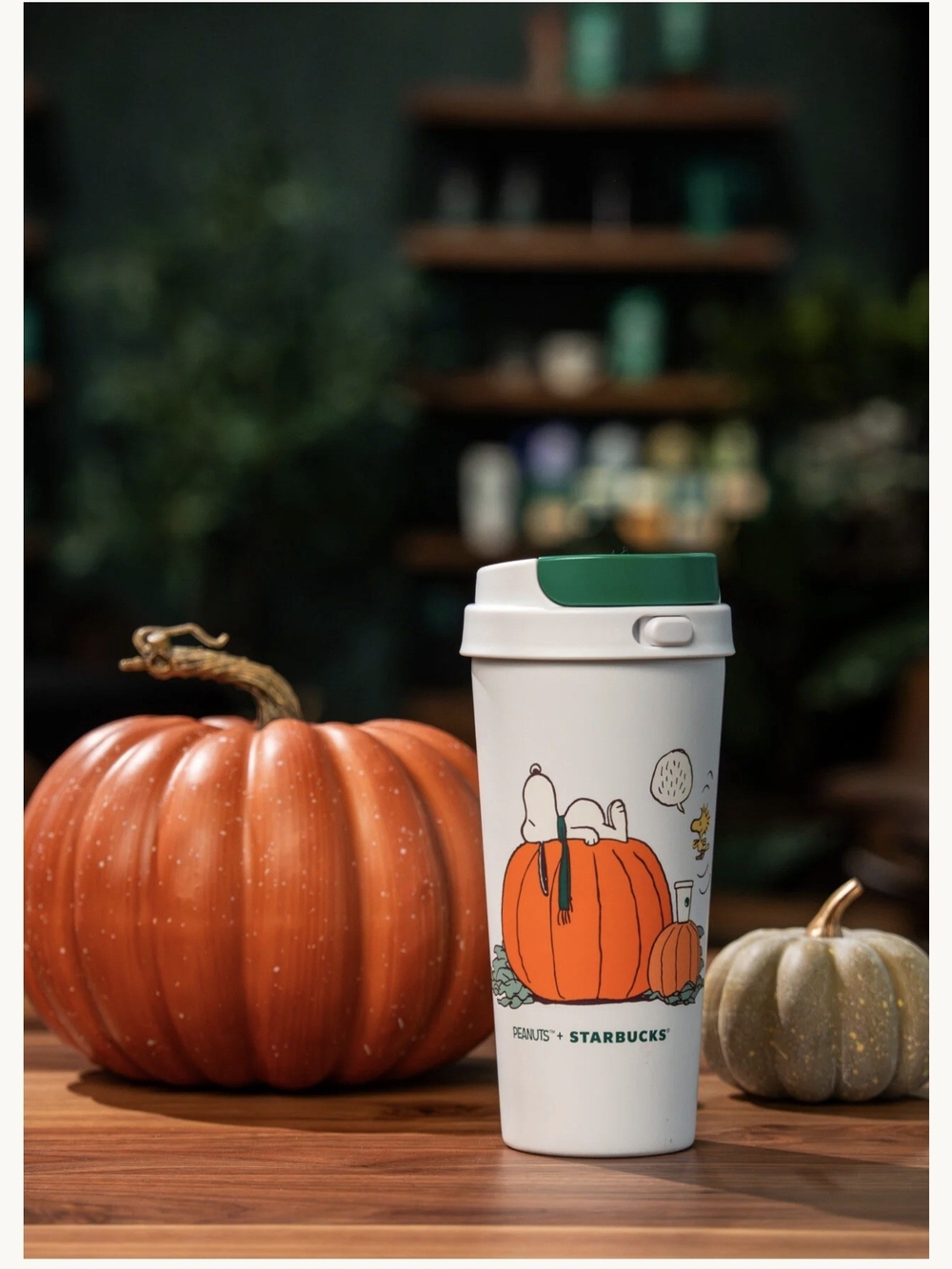 Starbucks White & Green Peanuts Pumpkin Travel Tumbler